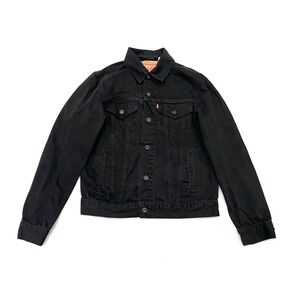 Levis Womens Black Denim Trucker Jacket Medium Grunge Skater Goth Flap Pockets